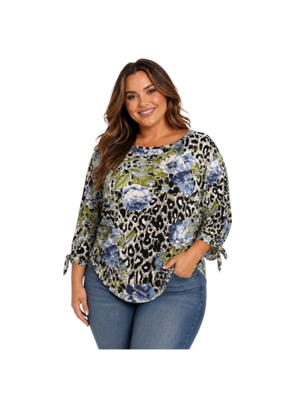 Hot Cotton XL Floral Leopard Print Knit Top Tie Sleeve Blouse